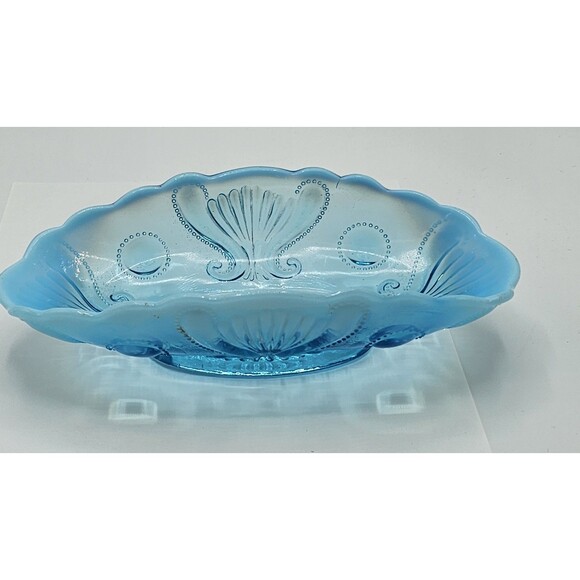 Beautiful Vintage Jefferson Glass Jewel & Fan Blue Opalescent 8.75" Pickle Dish - Picture 12 of 16